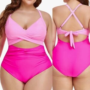 Pink Tummy Control Cutout High Waisted Bathingsuit Wrap Tie Back Plus Size 20W